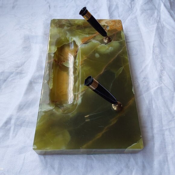 Vtg Schaeffer green marble desk set 2 fountain pens 14K gold nibs midcentury - Picture 3 of 11